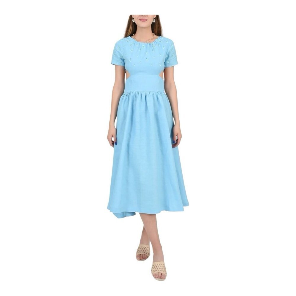 Fanm Mon Tucce Linen Midi Dress Small Baltic Sea Blue Open Sides Keyhole Back